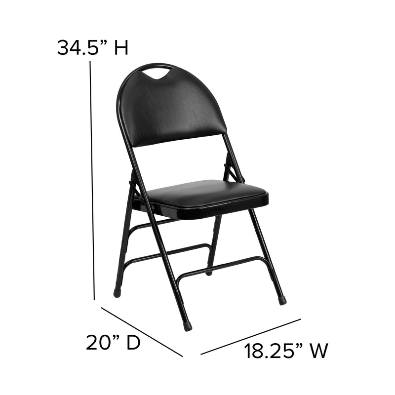 2 Pack SINGLEWAVE Series Ultra-Premium Triple Braced Black Vinyl Metal Folding Chair with Easy-Carry Handle