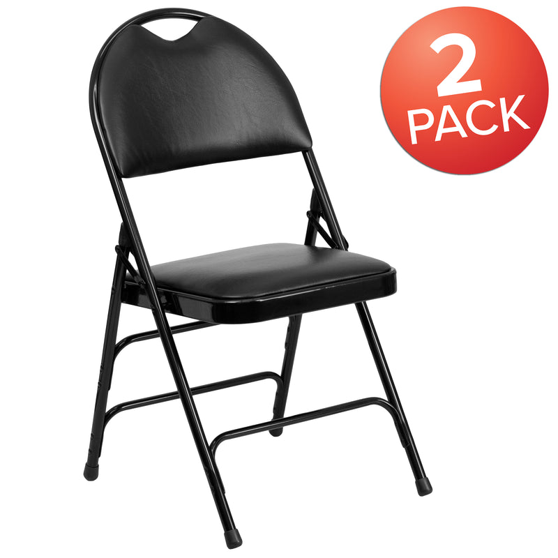 2 Pack SINGLEWAVE Series Ultra-Premium Triple Braced Black Vinyl Metal Folding Chair with Easy-Carry Handle