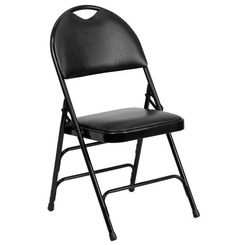 2 Pack SINGLEWAVE Series Ultra-Premium Triple Braced Black Vinyl Metal Folding Chair with Easy-Carry Handle