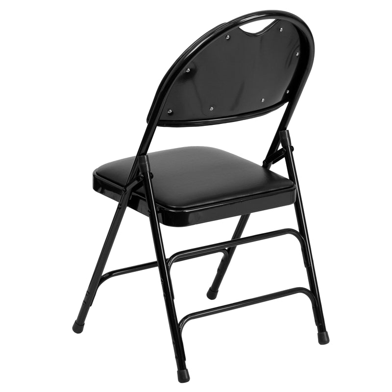 2 Pack SINGLEWAVE Series Ultra-Premium Triple Braced Black Vinyl Metal Folding Chair with Easy-Carry Handle