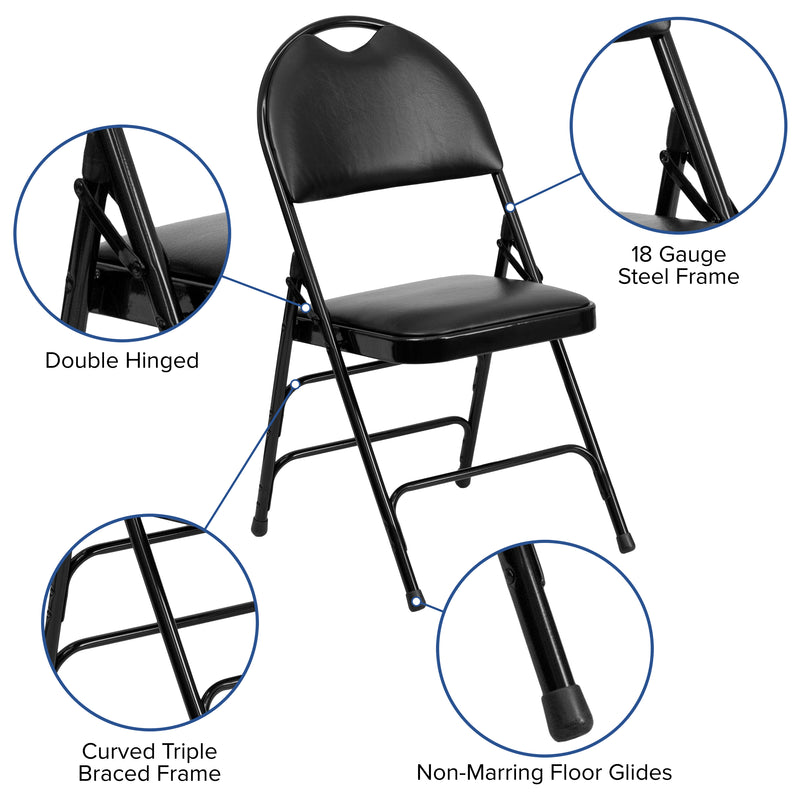 2 Pack SINGLEWAVE Series Ultra-Premium Triple Braced Black Vinyl Metal Folding Chair with Easy-Carry Handle