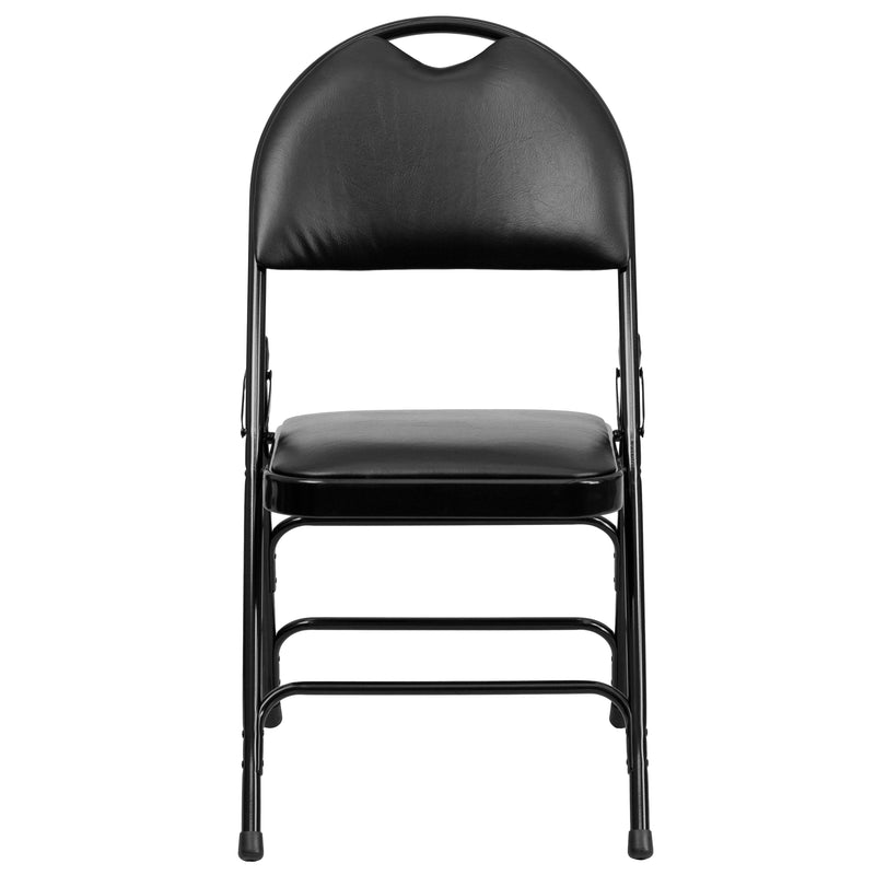 2 Pack SINGLEWAVE Series Ultra-Premium Triple Braced Black Vinyl Metal Folding Chair with Easy-Carry Handle