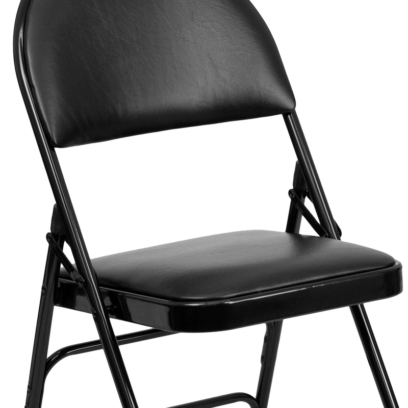 2 Pack SINGLEWAVE Series Ultra-Premium Triple Braced Black Vinyl Metal Folding Chair with Easy-Carry Handle