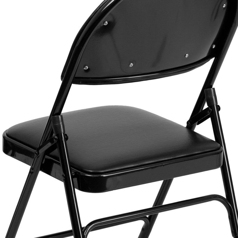 2 Pack SINGLEWAVE Series Ultra-Premium Triple Braced Black Vinyl Metal Folding Chair with Easy-Carry Handle