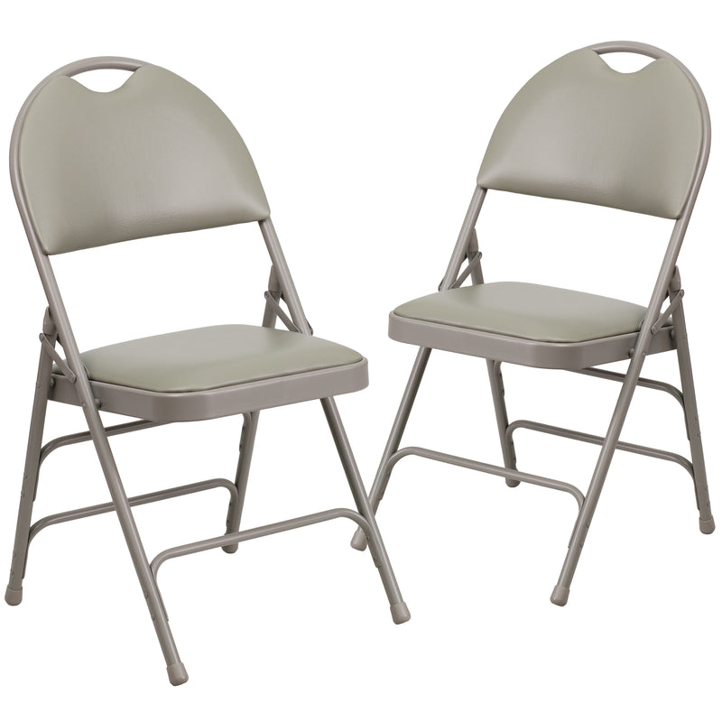 2 Pack SINGLEWAVE Series Ultra-Premium Triple Braced Gray Vinyl Metal Folding Chair with Easy-Carry Handle