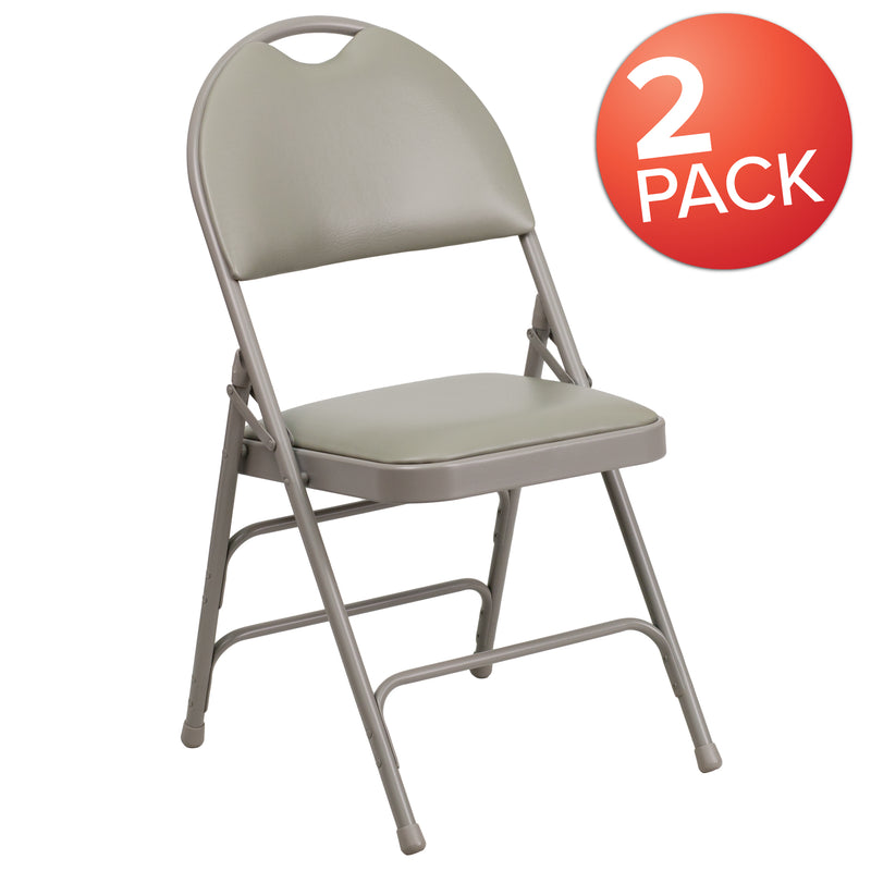 2 Pack SINGLEWAVE Series Ultra-Premium Triple Braced Gray Vinyl Metal Folding Chair with Easy-Carry Handle