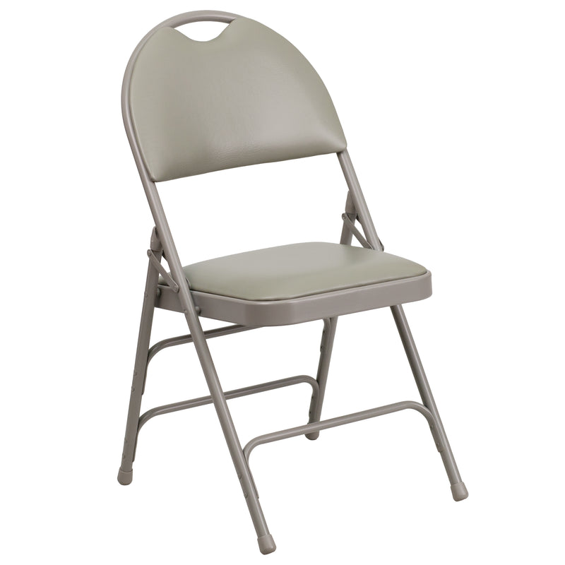 2 Pack SINGLEWAVE Series Ultra-Premium Triple Braced Gray Vinyl Metal Folding Chair with Easy-Carry Handle