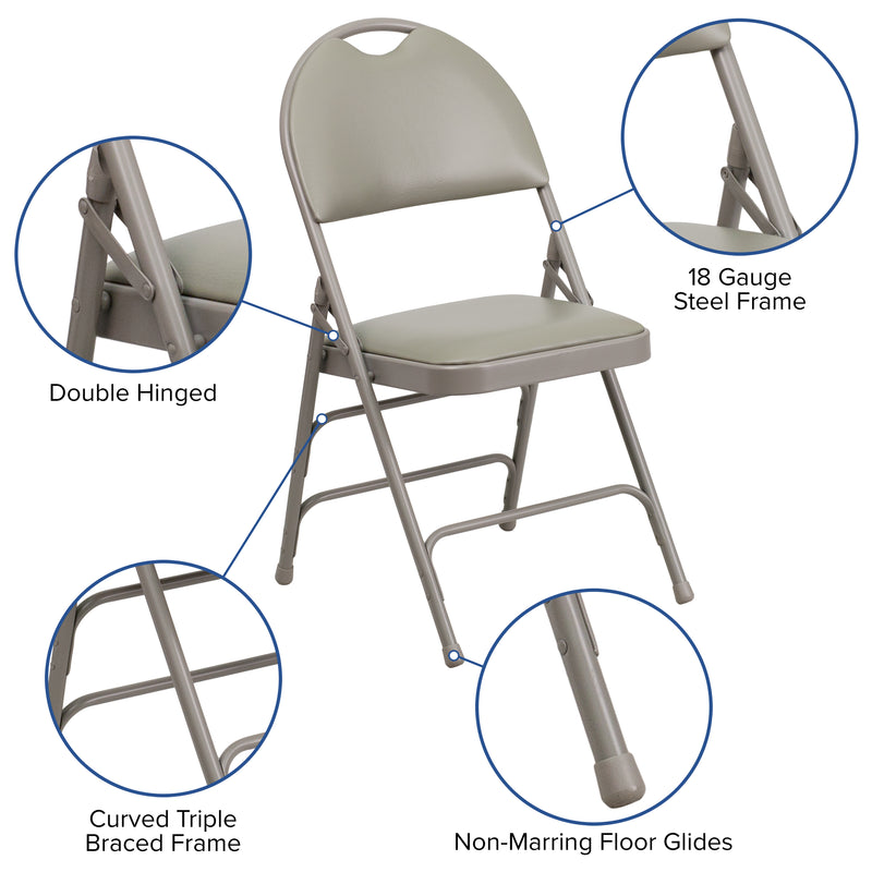 2 Pack SINGLEWAVE Series Ultra-Premium Triple Braced Gray Vinyl Metal Folding Chair with Easy-Carry Handle