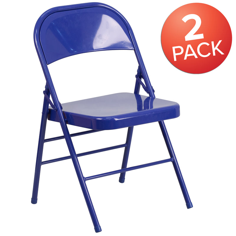 2 Pack SINGLEWAVE COLORBURST Series Cobalt Blue Triple Braced & Double Hinged Metal Folding Chair