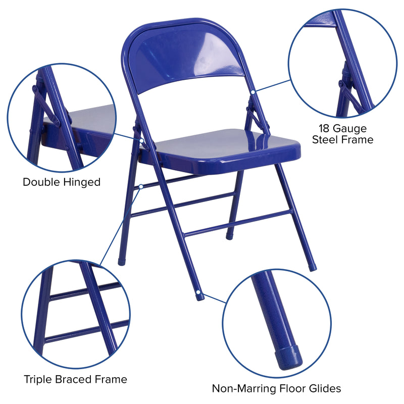 2 Pack SINGLEWAVE COLORBURST Series Cobalt Blue Triple Braced & Double Hinged Metal Folding Chair