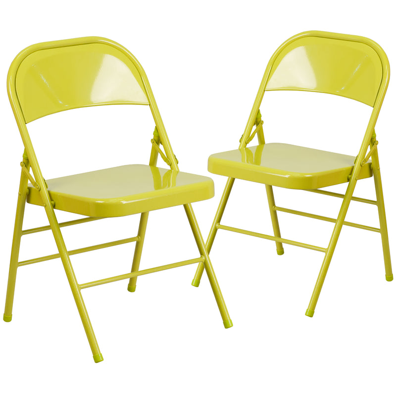 2 Pack SINGLEWAVE COLORBURST Series Twisted Citron Triple Braced & Double Hinged Metal Folding Chair