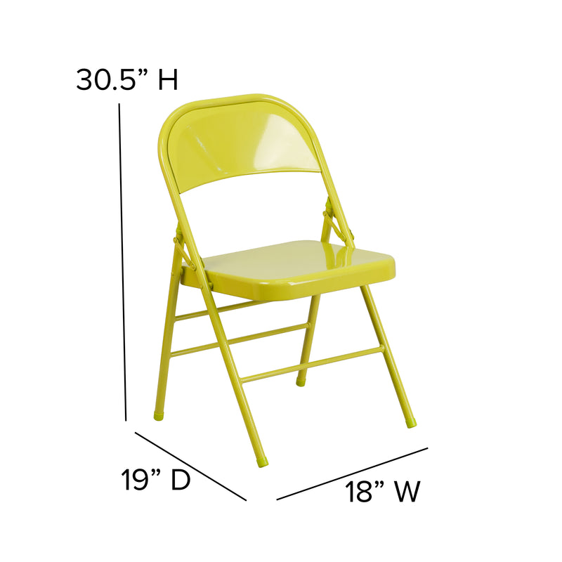 2 Pack SINGLEWAVE COLORBURST Series Twisted Citron Triple Braced & Double Hinged Metal Folding Chair