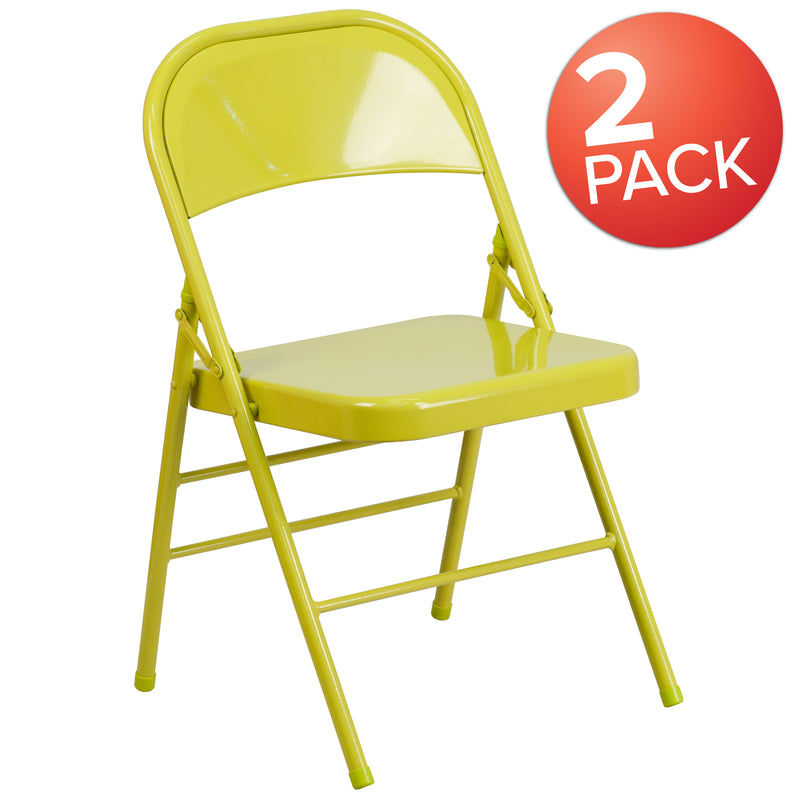 2 Pack SINGLEWAVE COLORBURST Series Twisted Citron Triple Braced & Double Hinged Metal Folding Chair