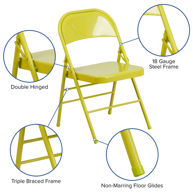 2 Pack SINGLEWAVE COLORBURST Series Twisted Citron Triple Braced & Double Hinged Metal Folding Chair