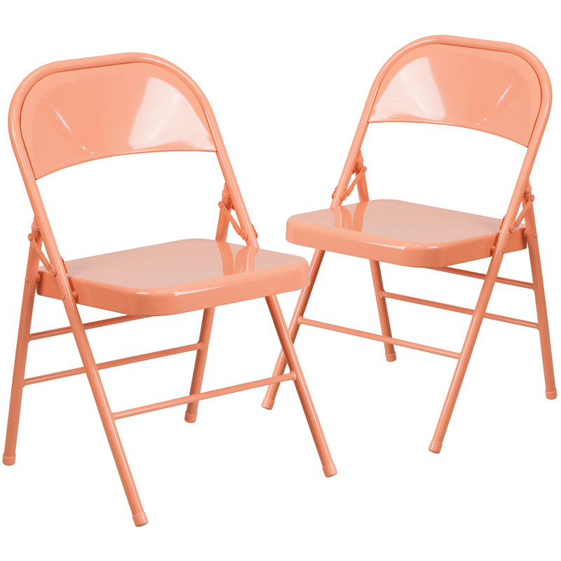 2 Pack SINGLEWAVE COLORBURST Series Sedona Coral Triple Braced & Double Hinged Metal Folding Chair