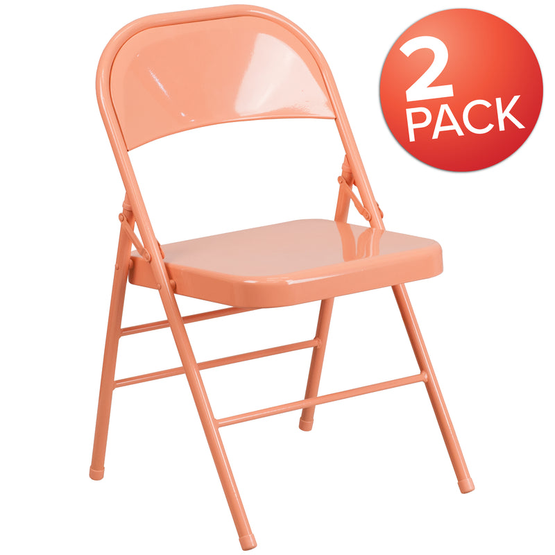 2 Pack SINGLEWAVE COLORBURST Series Sedona Coral Triple Braced & Double Hinged Metal Folding Chair