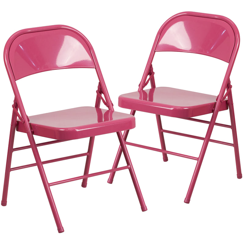 2 Pack SINGLEWAVE COLORBURST Series Shockingly Fuchsia Triple Braced & Double Hinged Metal Folding Chair