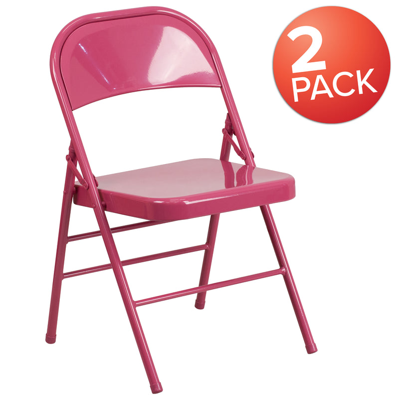 2 Pack SINGLEWAVE COLORBURST Series Shockingly Fuchsia Triple Braced & Double Hinged Metal Folding Chair