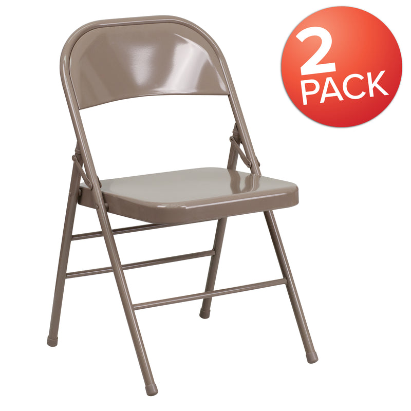 2 Pack SINGLEWAVE Series Triple Braced & Double Hinged Beige Metal Folding Chair