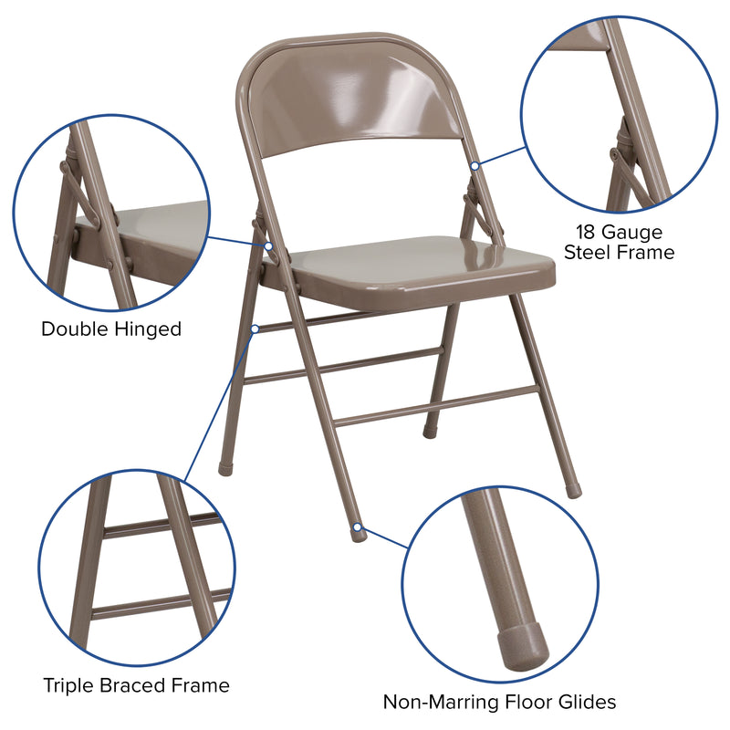 2 Pack SINGLEWAVE Series Triple Braced & Double Hinged Beige Metal Folding Chair