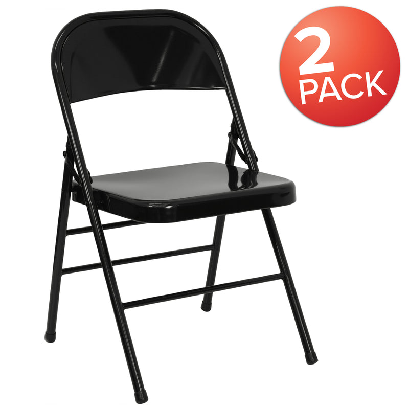 2 Pack SINGLEWAVE Series Triple Braced & Double Hinged Black Metal Folding Chair