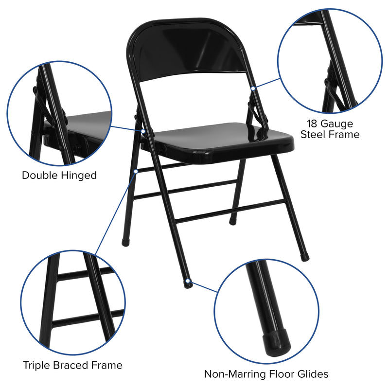 2 Pack SINGLEWAVE Series Triple Braced & Double Hinged Black Metal Folding Chair