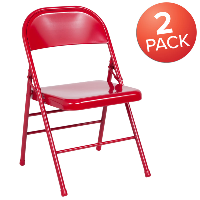 2 Pack SINGLEWAVE Series Triple Braced & Double Hinged Red Metal Folding Chair