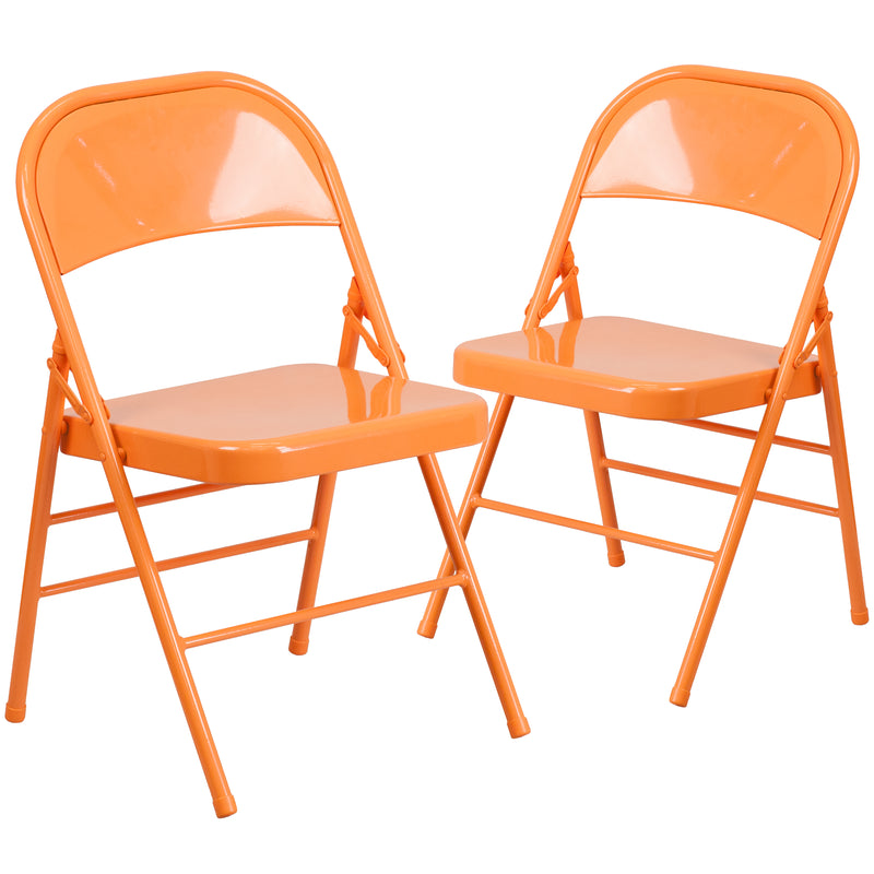 2 Pack SINGLEWAVE COLORBURST Series Orange Marmalade Triple Braced & Double Hinged Metal Folding Chair