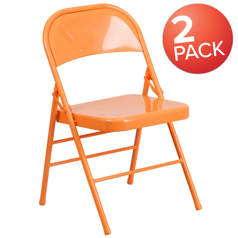 2 Pack SINGLEWAVE COLORBURST Series Orange Marmalade Triple Braced & Double Hinged Metal Folding Chair