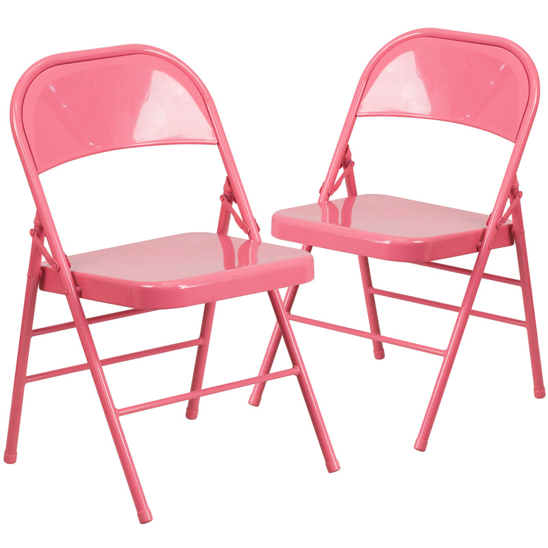 2 Pack SINGLEWAVE COLORBURST Series Bubblegum Pink Triple Braced & Double Hinged Metal Folding Chair