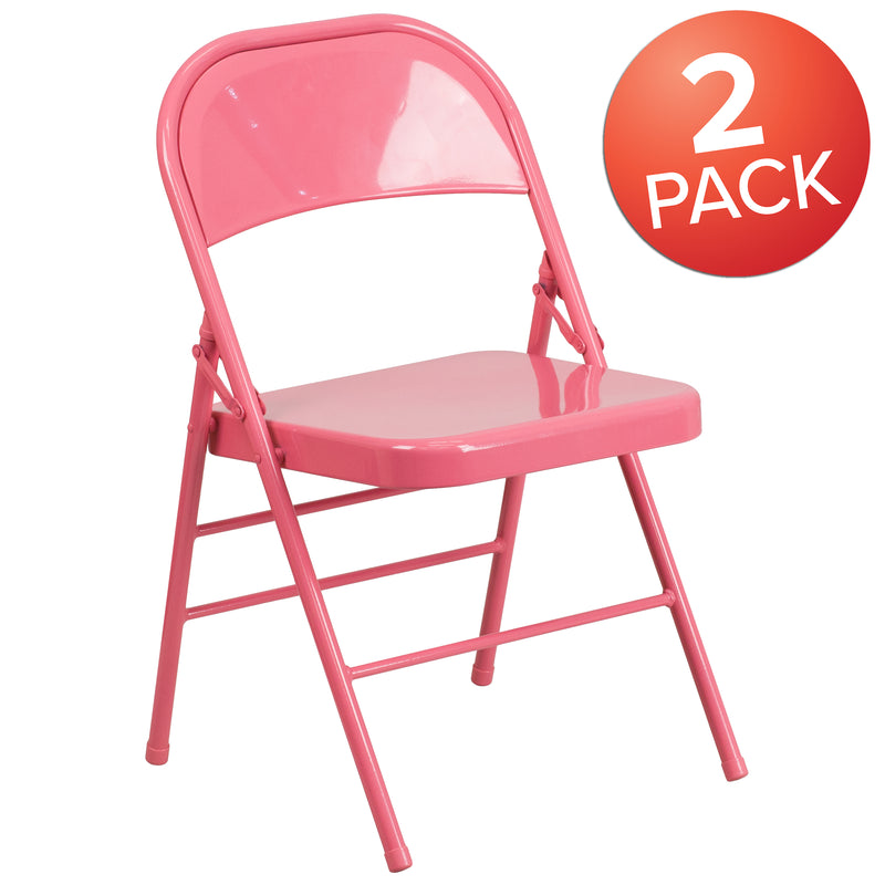 2 Pack SINGLEWAVE COLORBURST Series Bubblegum Pink Triple Braced & Double Hinged Metal Folding Chair