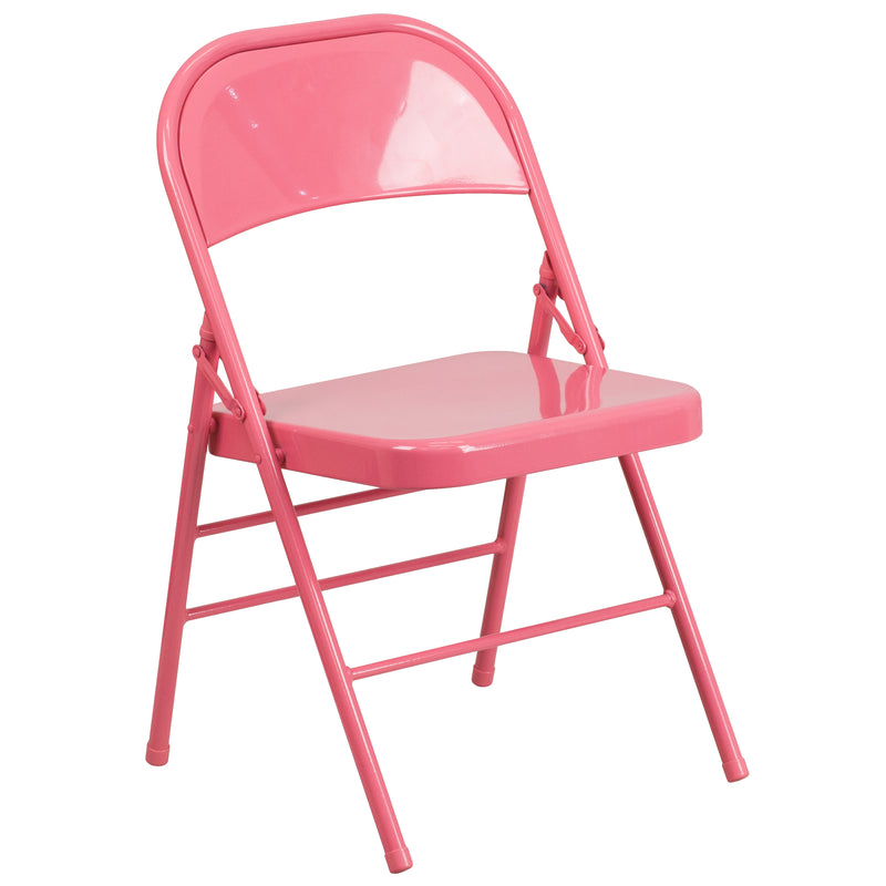 2 Pack SINGLEWAVE COLORBURST Series Bubblegum Pink Triple Braced & Double Hinged Metal Folding Chair