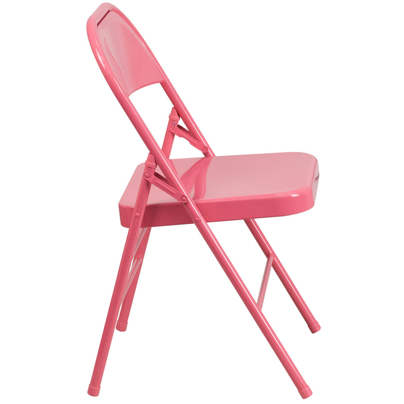 2 Pack SINGLEWAVE COLORBURST Series Bubblegum Pink Triple Braced & Double Hinged Metal Folding Chair