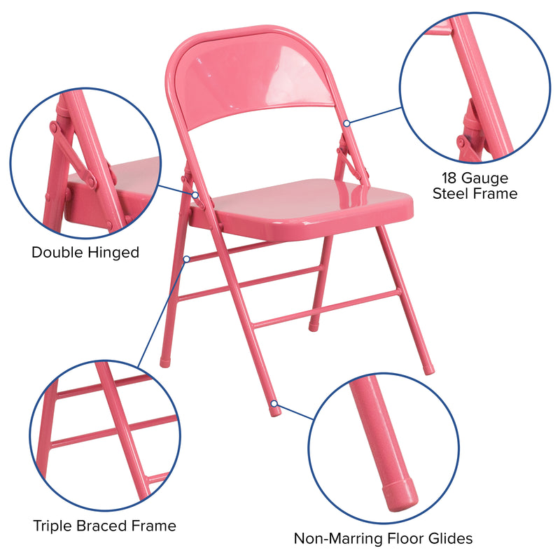 2 Pack SINGLEWAVE COLORBURST Series Bubblegum Pink Triple Braced & Double Hinged Metal Folding Chair