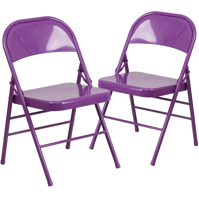 2 Pack SINGLEWAVE COLORBURST Series Impulsive Purple Triple Braced & Double Hinged Metal Folding Chair