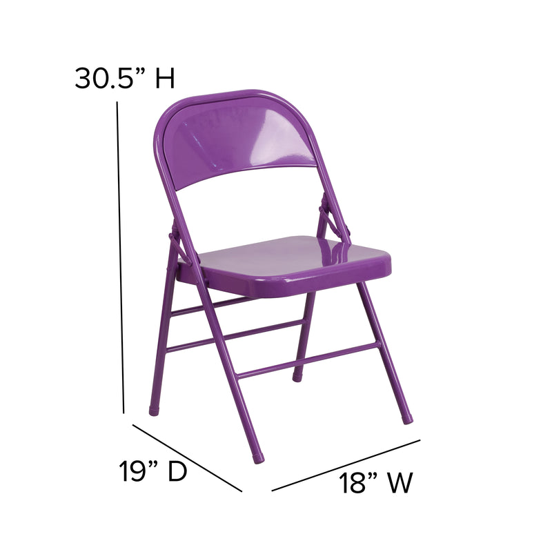 2 Pack SINGLEWAVE COLORBURST Series Impulsive Purple Triple Braced & Double Hinged Metal Folding Chair