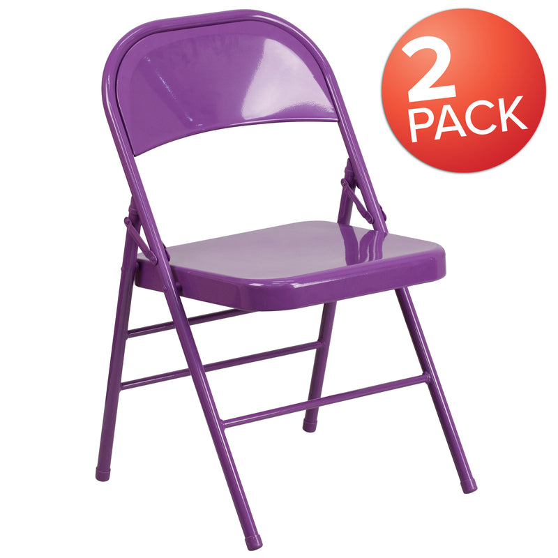 2 Pack SINGLEWAVE COLORBURST Series Impulsive Purple Triple Braced & Double Hinged Metal Folding Chair