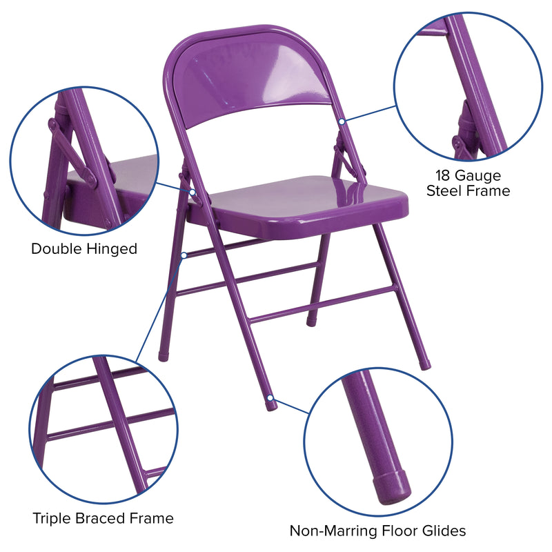 2 Pack SINGLEWAVE COLORBURST Series Impulsive Purple Triple Braced & Double Hinged Metal Folding Chair