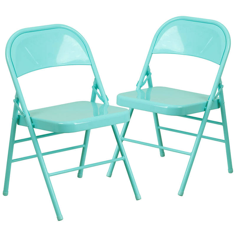 2 Pack SINGLEWAVE COLORBURST Series Tantalizing Teal Triple Braced & Double Hinged Metal Folding Chair