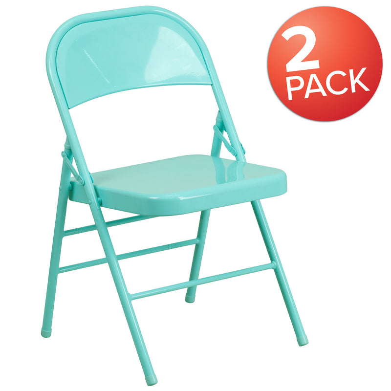 2 Pack SINGLEWAVE COLORBURST Series Tantalizing Teal Triple Braced & Double Hinged Metal Folding Chair