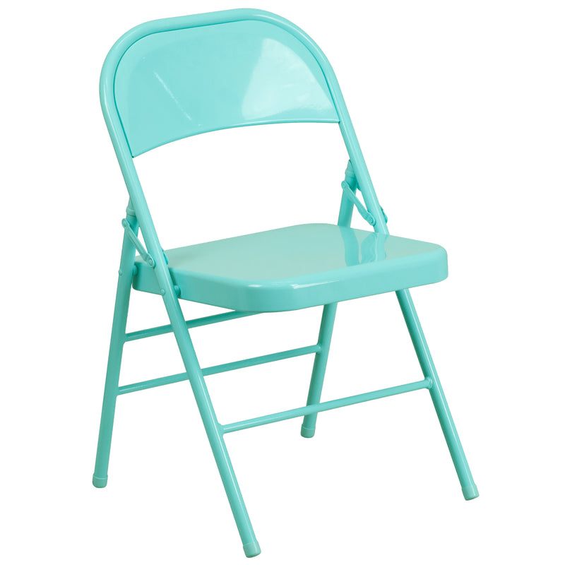 2 Pack SINGLEWAVE COLORBURST Series Tantalizing Teal Triple Braced & Double Hinged Metal Folding Chair