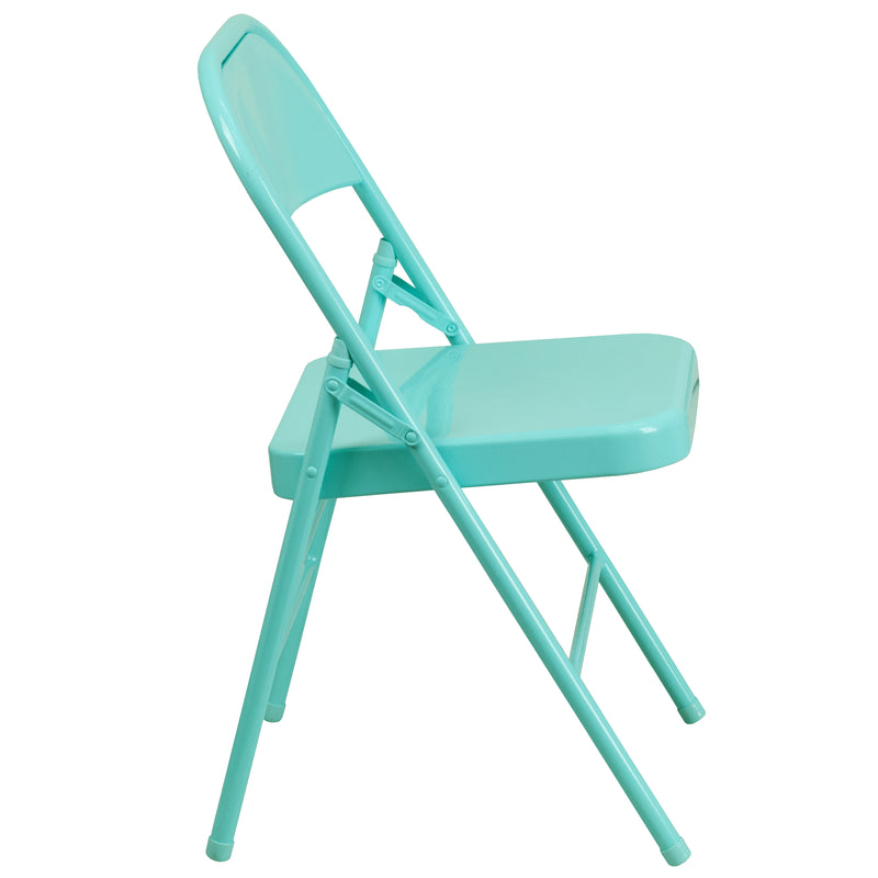 2 Pack SINGLEWAVE COLORBURST Series Tantalizing Teal Triple Braced & Double Hinged Metal Folding Chair