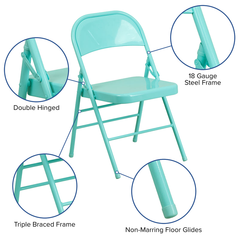 2 Pack SINGLEWAVE COLORBURST Series Tantalizing Teal Triple Braced & Double Hinged Metal Folding Chair