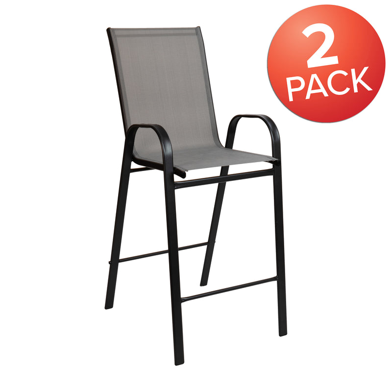 2 Pack Brazos Series Gray Stackable Outdoor Barstools with Flex Comfort Material and Metal Frame