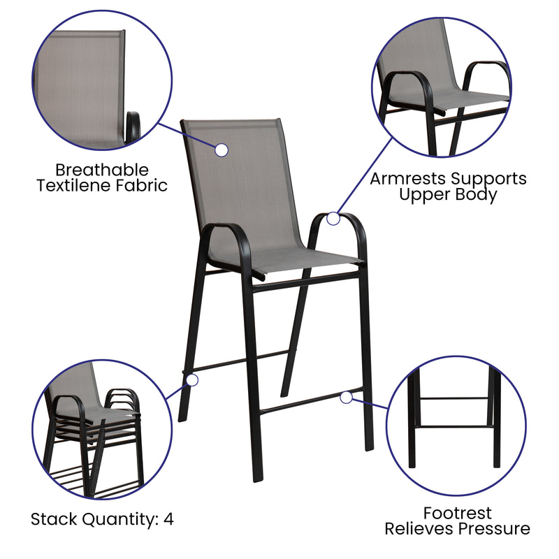 2 Pack Brazos Series Gray Stackable Outdoor Barstools with Flex Comfort Material and Metal Frame