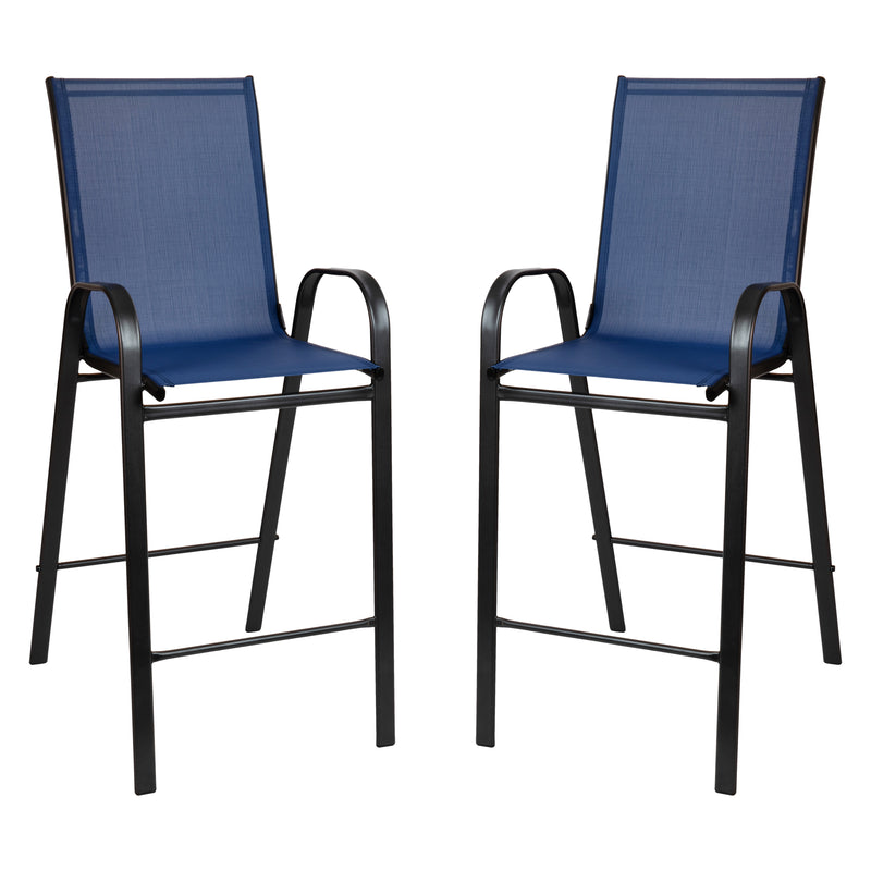 2 Pack Brazos Series Navy Stackable Outdoor Barstools with Flex Comfort Material and Metal Frame