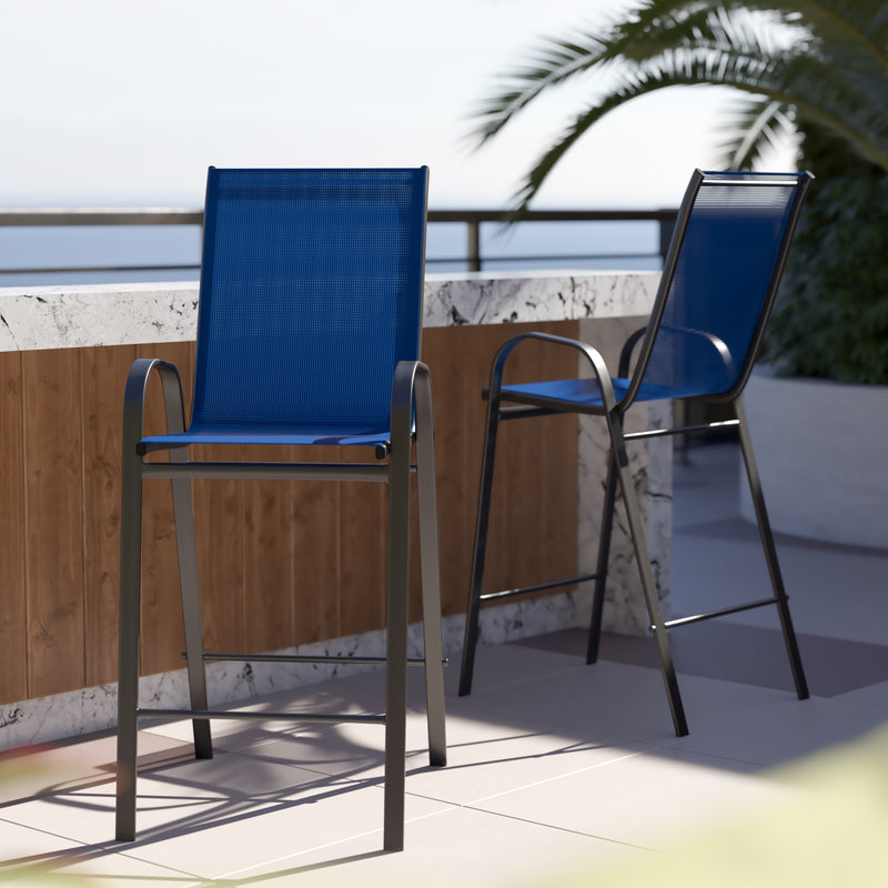 2 Pack Brazos Series Navy Stackable Outdoor Barstools with Flex Comfort Material and Metal Frame