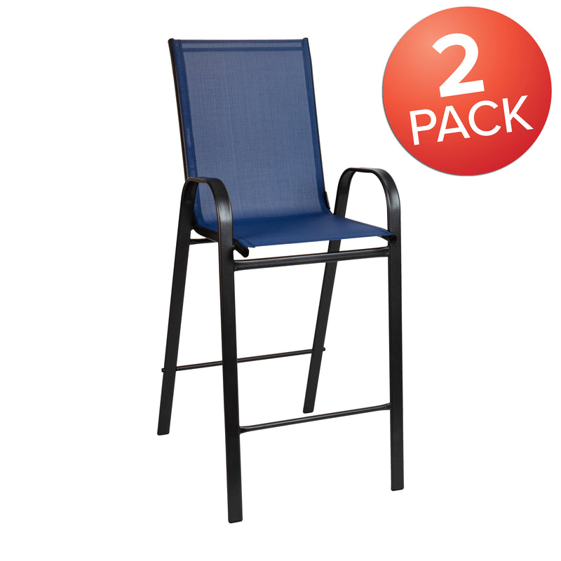 2 Pack Brazos Series Navy Stackable Outdoor Barstools with Flex Comfort Material and Metal Frame