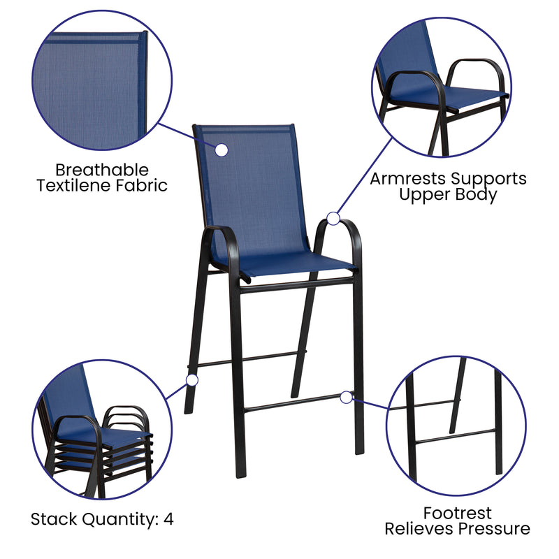 2 Pack Brazos Series Navy Stackable Outdoor Barstools with Flex Comfort Material and Metal Frame