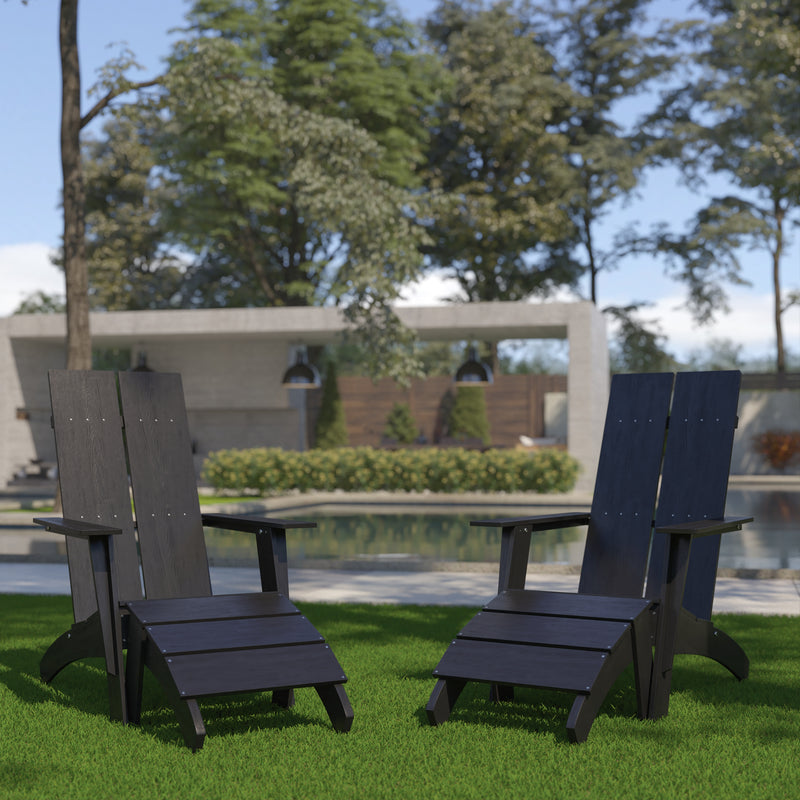 Set of 2 Sawyer Modern All-Weather Poly Resin Wood Adirondack Chairs with Foot Rests in Black